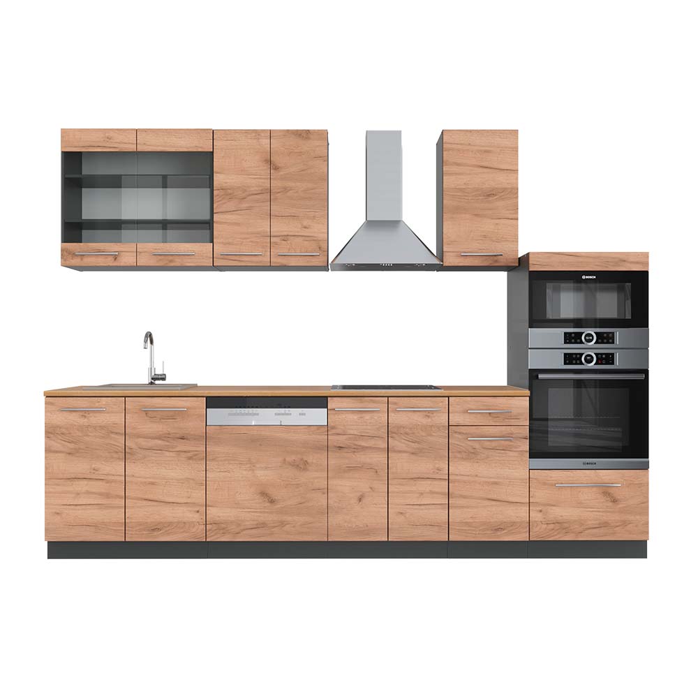 foto del prodotto vicco cucina componibile quercia dorata antracite 300 cm con armadio alto, pl rovere