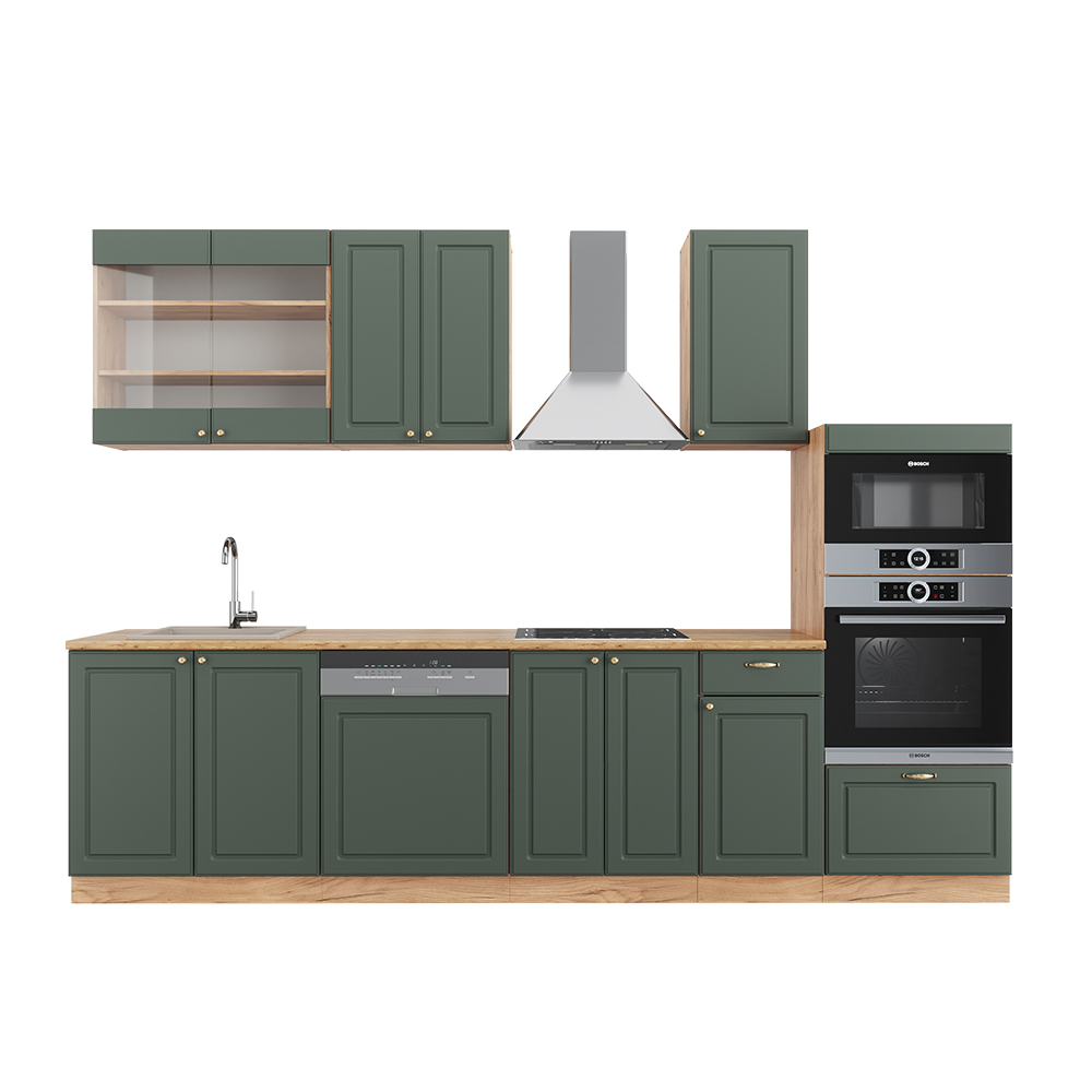 foto del prodotto vicco cucina componibile quercia verde-oro country oro power 300 cm con armadio alto, senza piano di lavoro