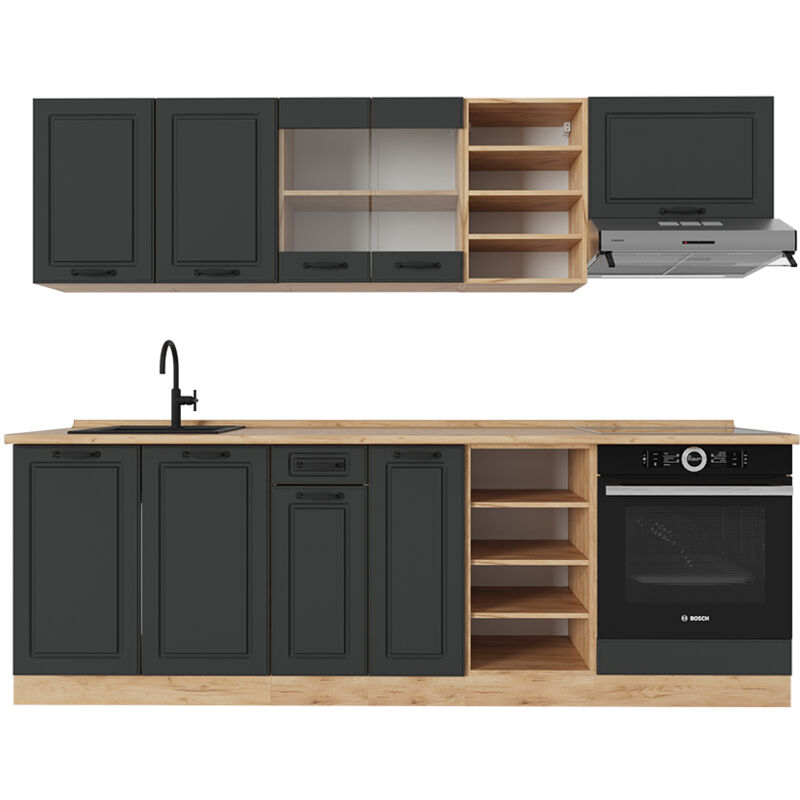 foto del prodotto vicco cucina componibile r line, antracite casa di campagna rovere dorato, 240 cm senza piano di lavoro