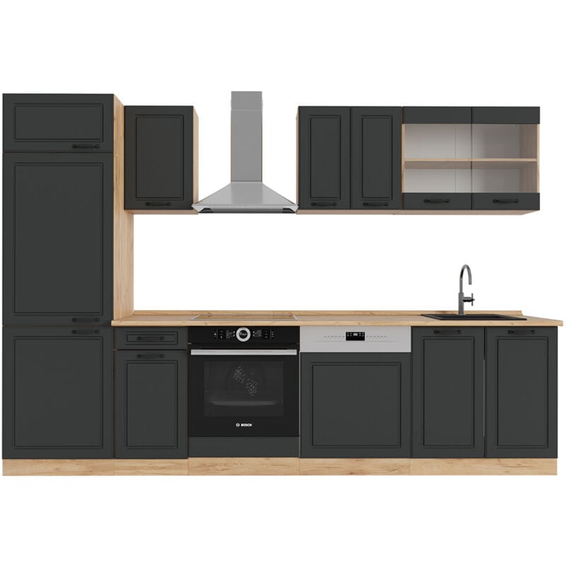 foto del prodotto vicco cucina componibile r line, antracite casa di campagna rovere dorato, 300 cm senza piano di lavoro