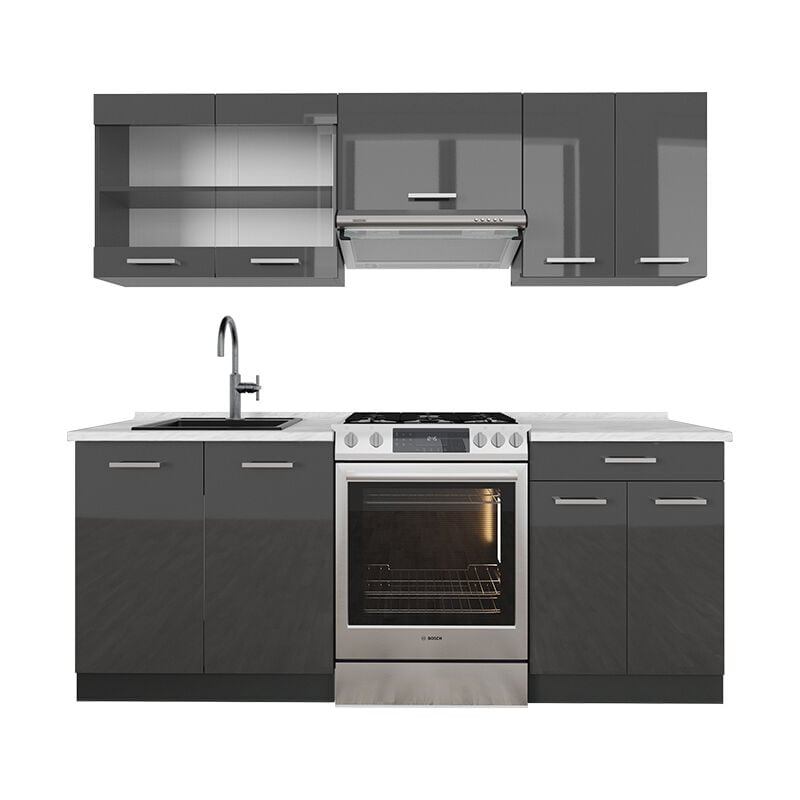 foto del prodotto vicco - cucina componibile r-line, antracite lucido antracite, 200 cm , pl marmo