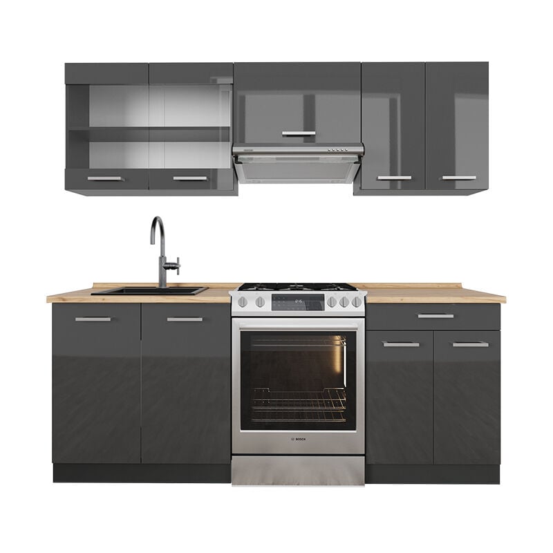 foto del prodotto vicco cucina componibile r line, antracite lucido antracite, 200 cm senza piano di lavoro