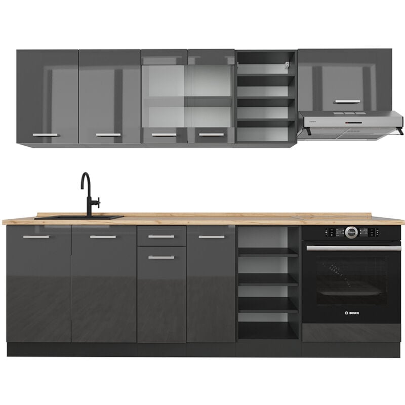 foto del prodotto vicco cucina componibile r line, antracite lucido antracite, 240 cm senza piano di lavoro