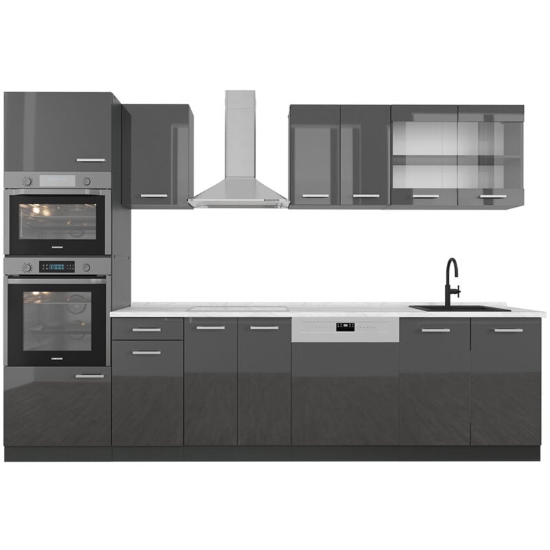foto del prodotto vicco cucina componibile r line, antracite lucido antracite, 300 cm con armadio alto, pl marmo