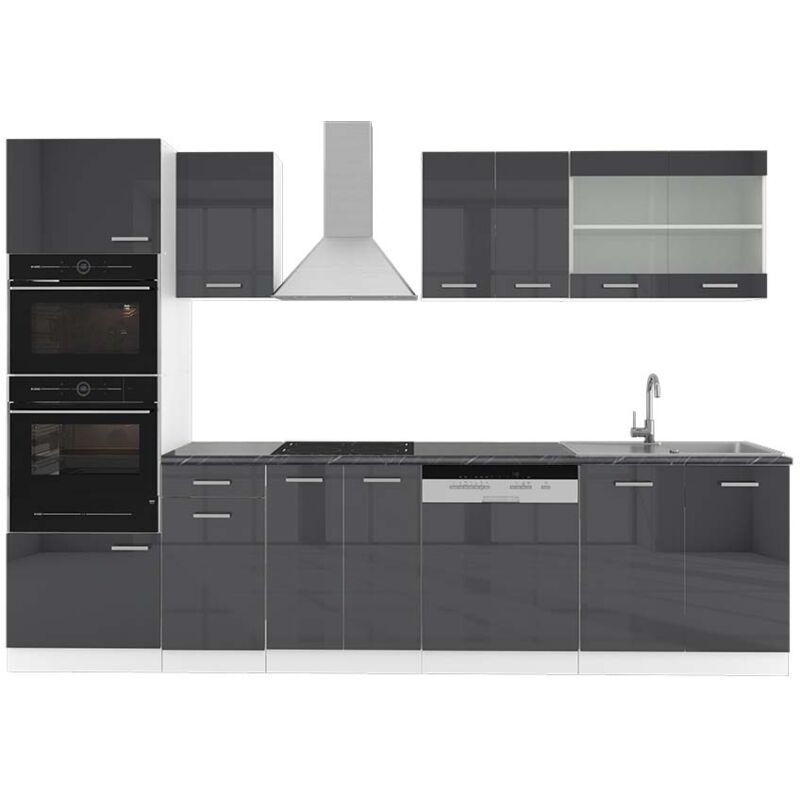 foto del prodotto vicco cucina componibile r line, antracite lucido bianco, 300 cm con armadio alto, pl antracite