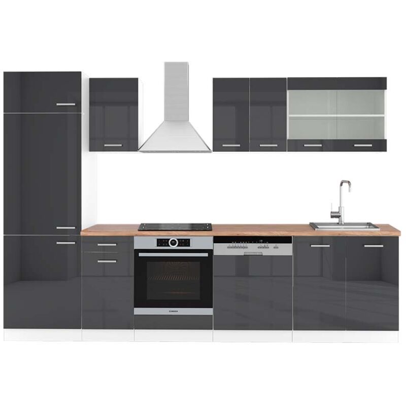 foto del prodotto vicco cucina componibile r line, antracite lucido bianco, 300 cm , pl rovere