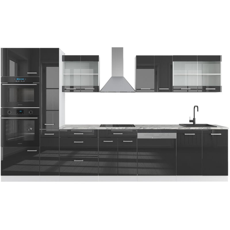 foto del prodotto vicco cucina componibile r line, antracite lucido bianco, 350 cm con armadio alto, senza piano di lavoro