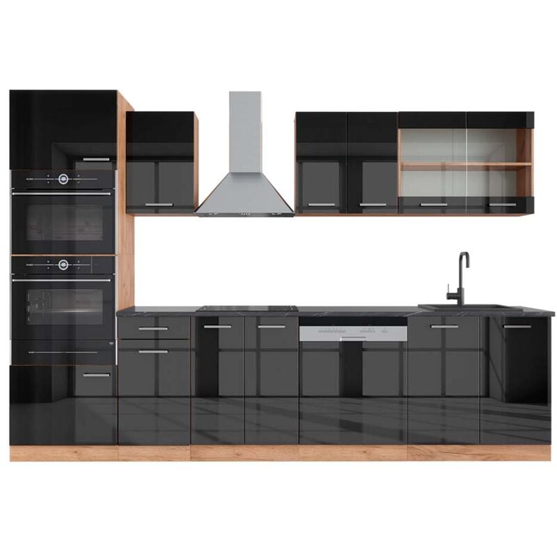 foto del prodotto vicco cucina componibile r line, antracite lucido oro power oak, 300 cm con armadio alto, pl antracite