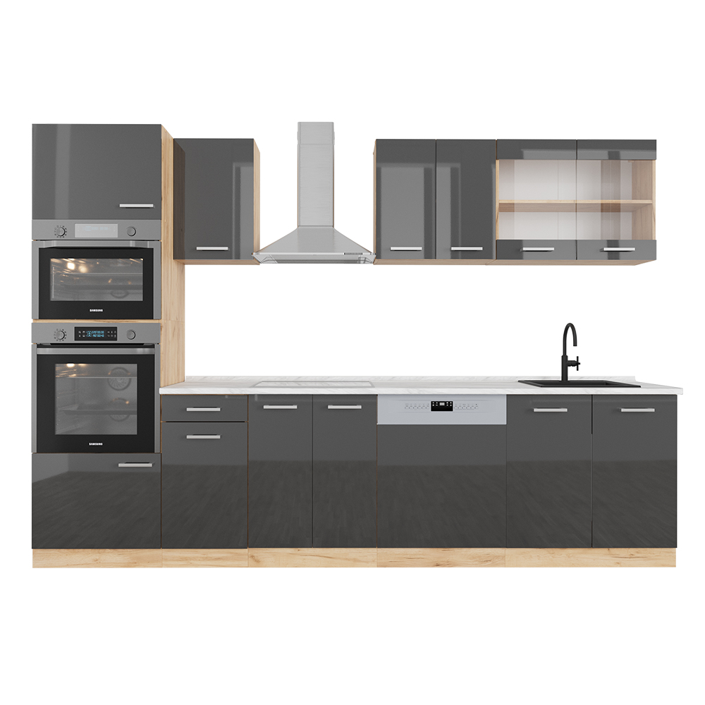 foto del prodotto vicco cucina componibile r line, antracite lucido oro power oak, 300 cm con armadio alto, pl marmo