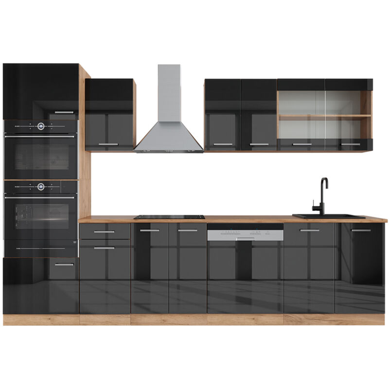 foto del prodotto vicco cucina componibile r line, antracite lucido oro power oak, 300 cm con armadio alto, senza piano di lavoro