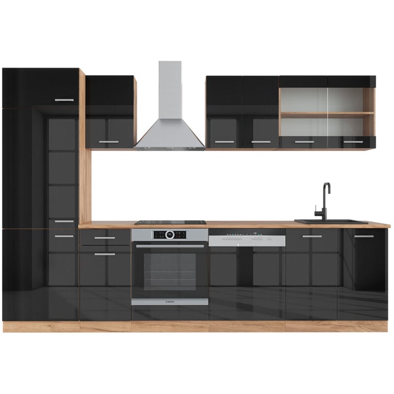 foto del prodotto vicco cucina componibile r line, antracite lucido oro power oak, 300 cm senza piano di lavoro