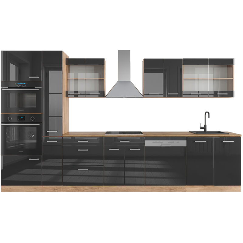 foto del prodotto vicco cucina componibile r line, antracite lucido oro power oak, 350 cm con armadio alto, senza piano di lavoro