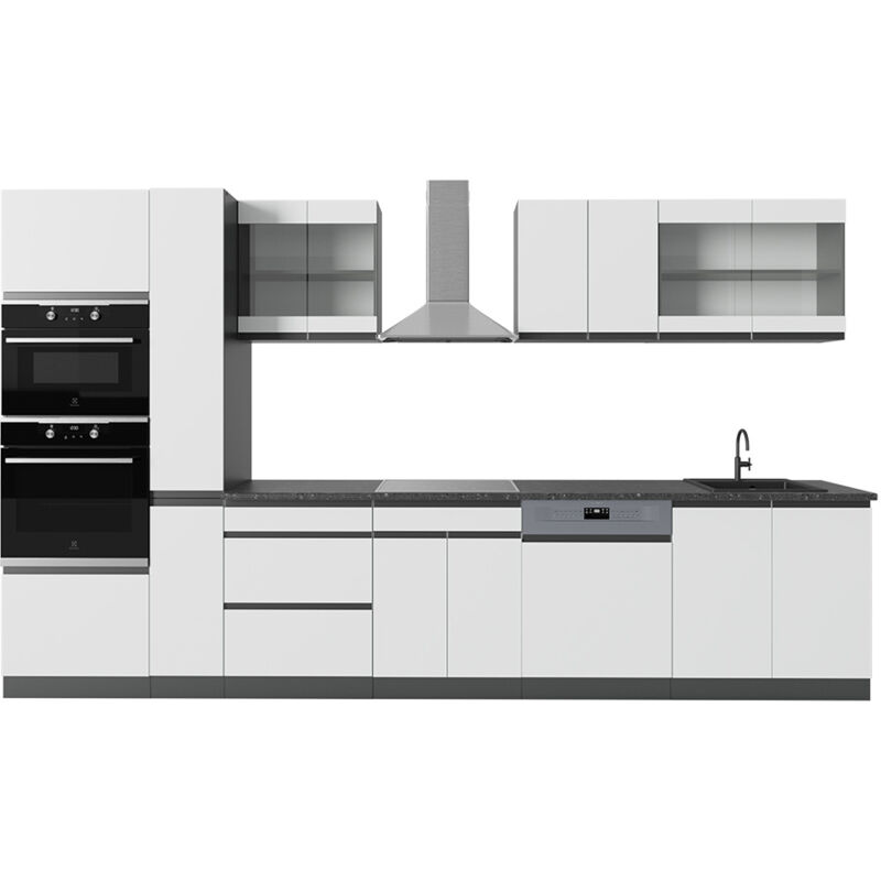 foto del prodotto vicco cucina componibile r line, bianco antracite, 350 cm forma a j, con mobile alto, senza piano di lavoro