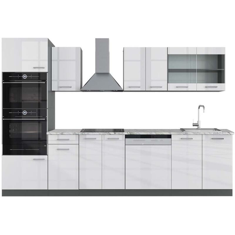 foto del prodotto vicco - cucina componibile r-line, bianco lucido/antracite, 300 cm con armadio alto, pl marmo