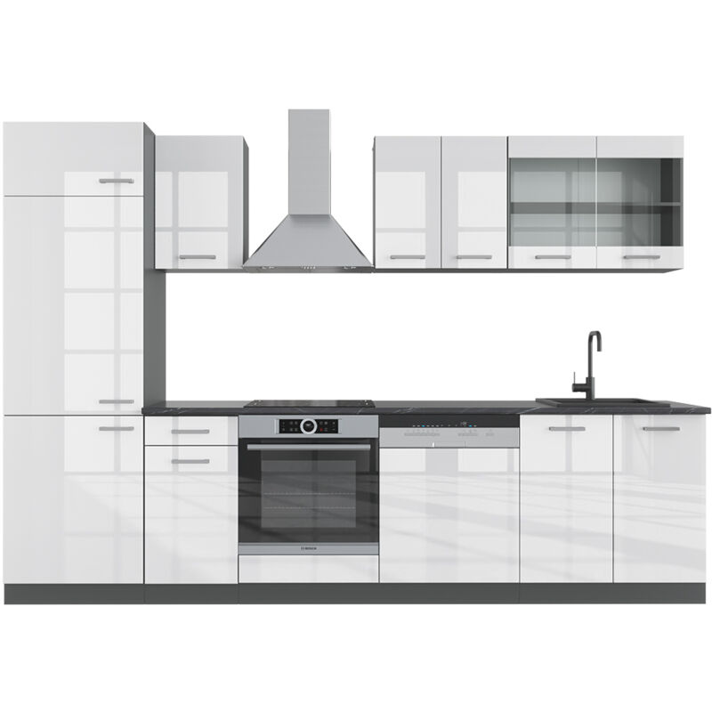 foto del prodotto vicco cucina componibile r line, bianco lucido antracite, 300 cm senza piano di lavoro