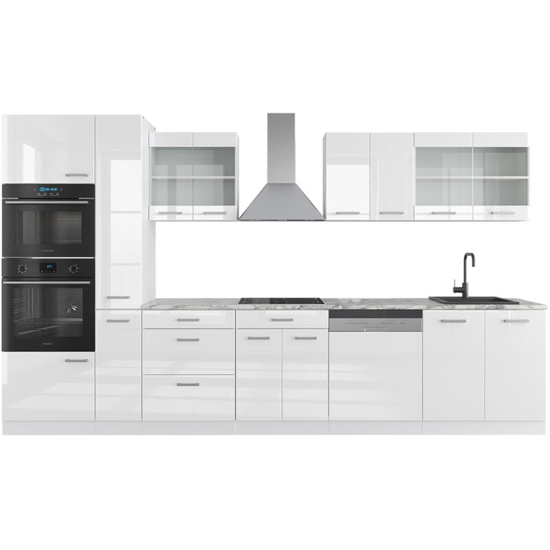 foto del prodotto vicco cucina componibile r line, bianco lucido bianco, 350 cm con armadio alto, pl marmo