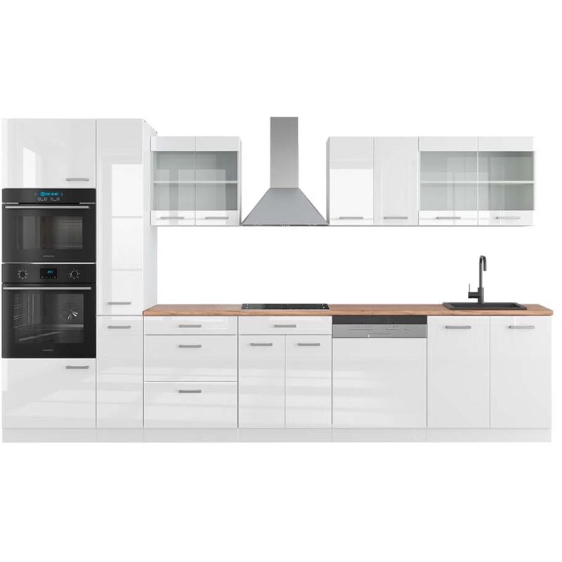 foto del prodotto vicco cucina componibile r line, bianco lucido bianco, 350 cm con armadio alto, pl rovere