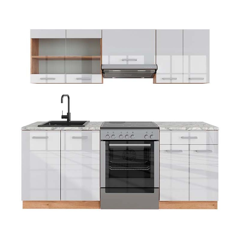 foto del prodotto vicco - cucina componibile r-line, bianco lucido/oro power oak, 200 cm , pl marmo