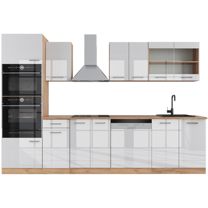 foto del prodotto vicco cucina componibile r line, bianco lucido oro power oak, 300 cm con armadio alto, senza piano di lavoro