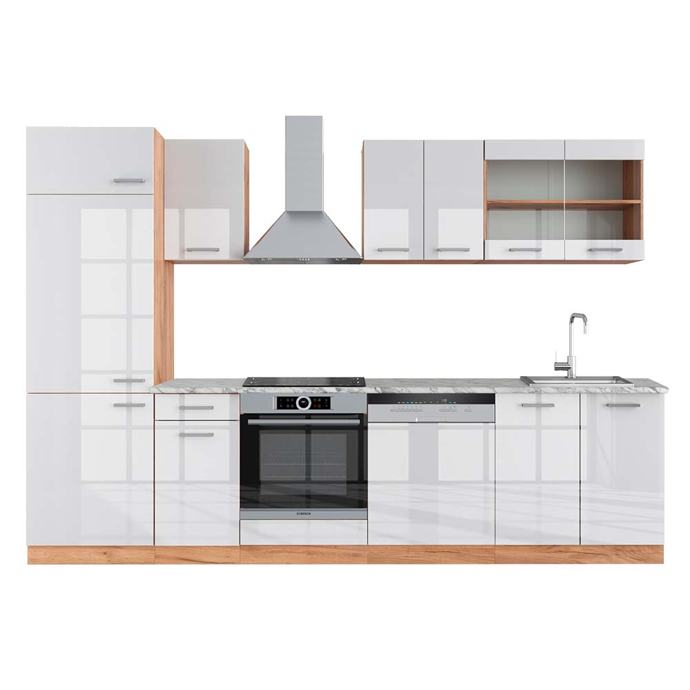 foto del prodotto vicco - cucina componibile r-line, bianco lucido oro power oak, 300 cm , pl marmo