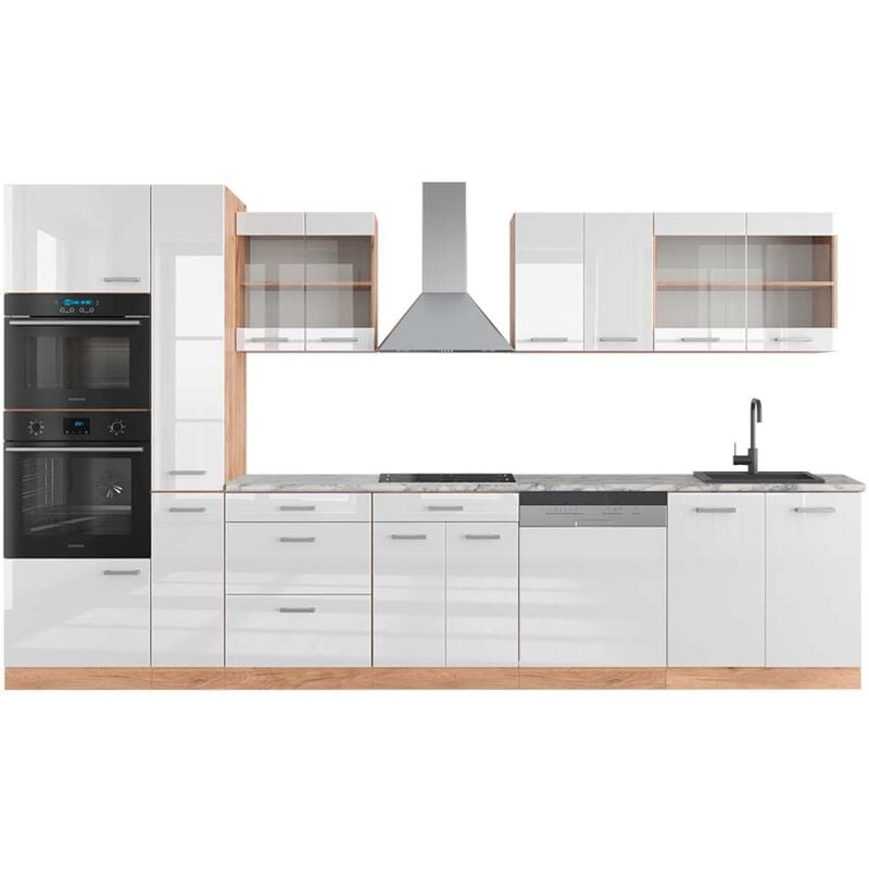 foto del prodotto vicco cucina componibile r line, bianco lucido oro power oak, 350 cm con armadio alto, pl marmo