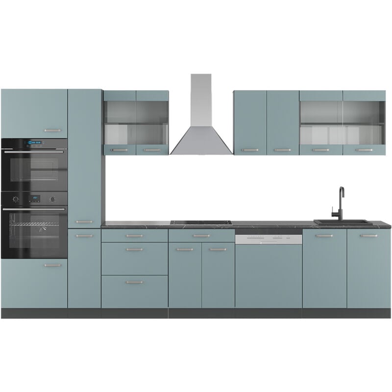 foto del prodotto vicco cucina componibile r line, blu grigio antracite, 350 cm con armadio alto, pl antracite
