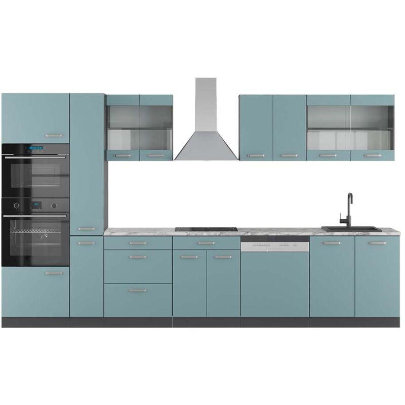 foto del prodotto vicco cucina componibile r line, blu grigio antracite, 350 cm con armadio alto, pl marmo