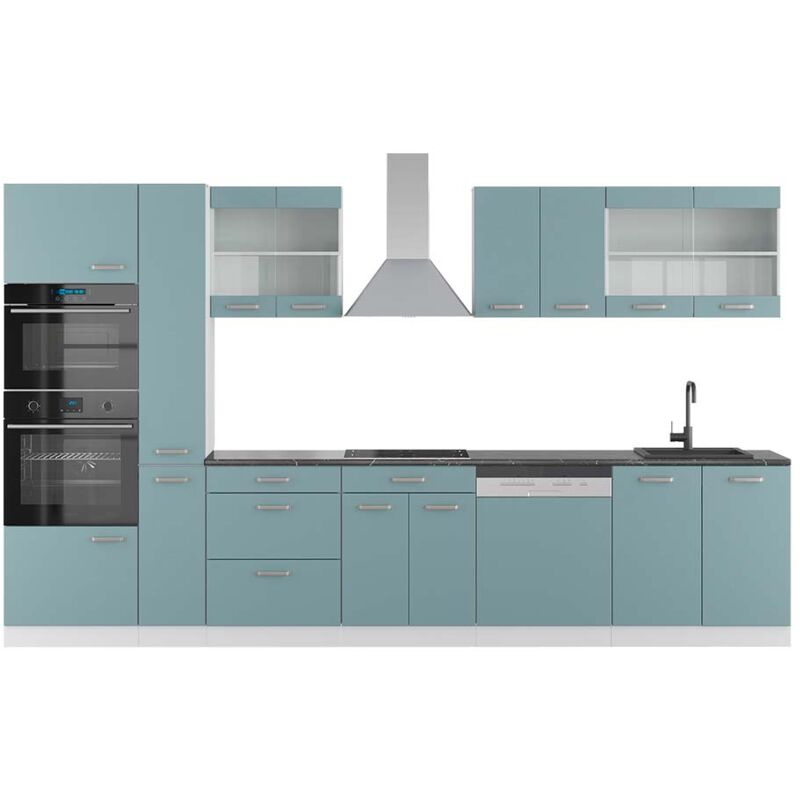 foto del prodotto vicco cucina componibile r line, blu grigio bianco, 350 cm con armadio alto, pl antracite