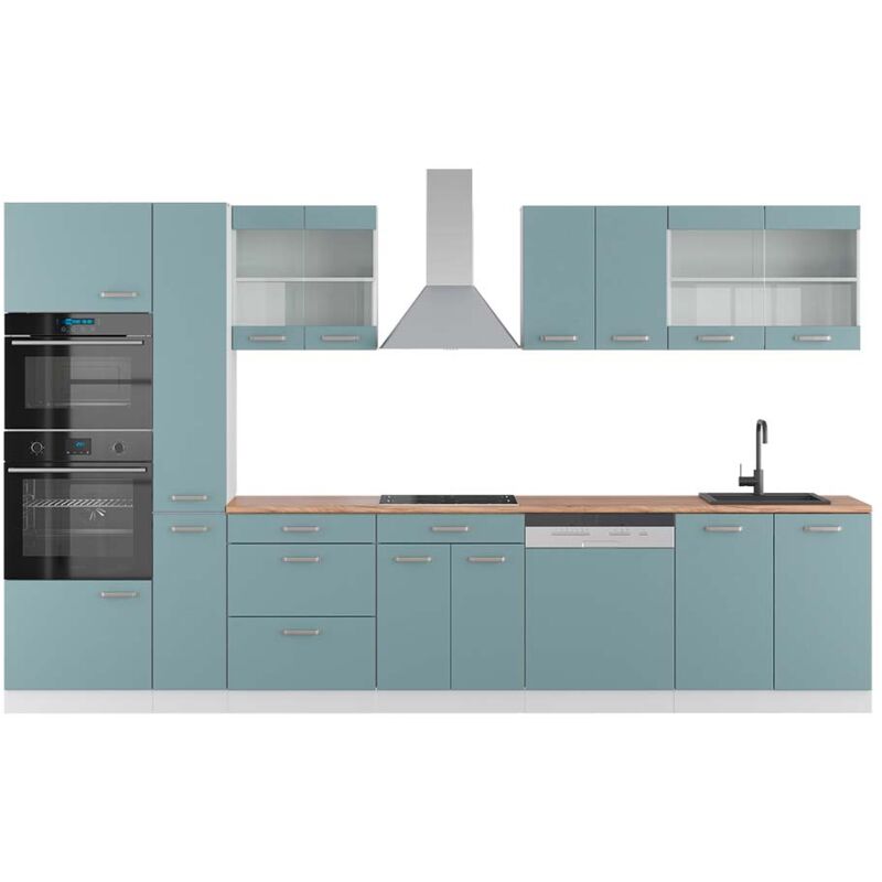 foto del prodotto vicco cucina componibile r line, blu grigio bianco, 350 cm con armadio alto, pl rovere