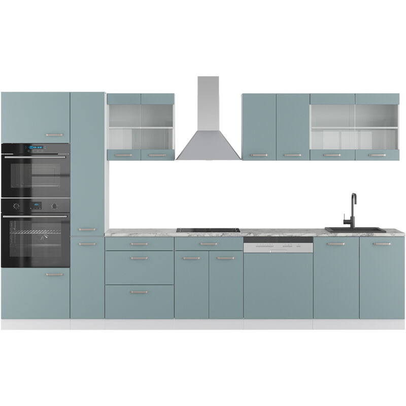 foto del prodotto vicco cucina componibile r line, blu grigio bianco, 350 cm con armadio alto, senza piano di lavoro