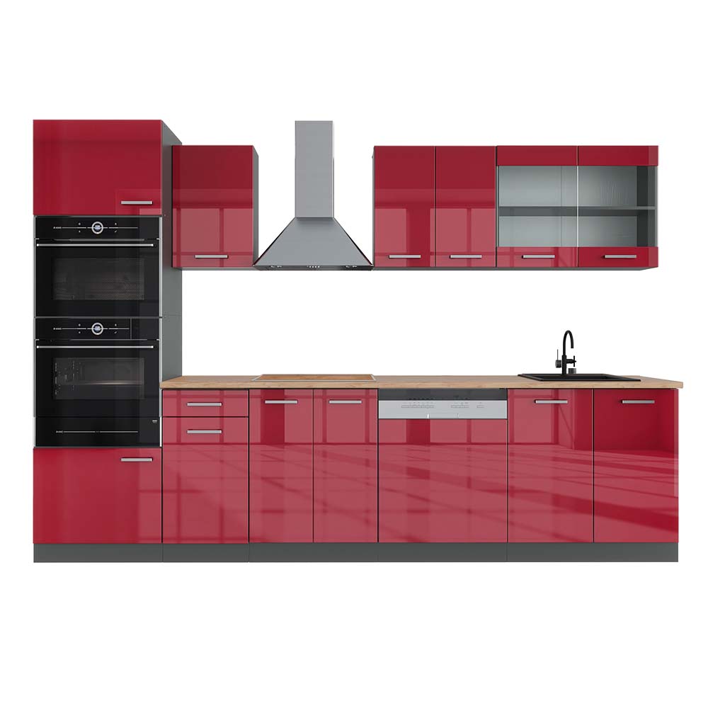foto del prodotto vicco cucina componibile r line, bordeaux lucido antracite, 300 cm con armadio alto, pl rovere
