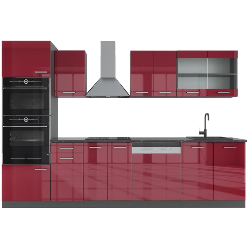 foto del prodotto vicco cucina componibile r line, bordeaux lucido antracite, 300 cm con armadio alto, senza piano di lavoro