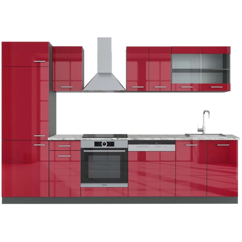 foto del prodotto vicco - cucina componibile r-line, bordeaux lucido/antracite, 300 cm , pl marmo