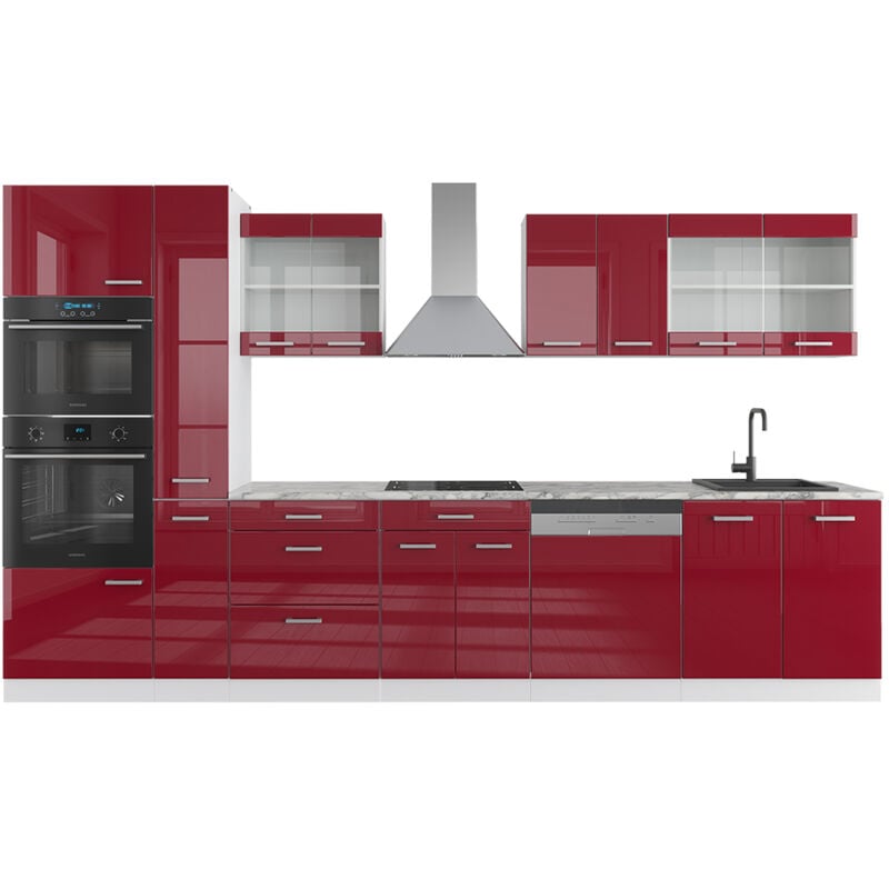 foto del prodotto vicco cucina componibile r line, bordeaux lucido bianco, 350 cm con armadio alto, senza piano di lavoro