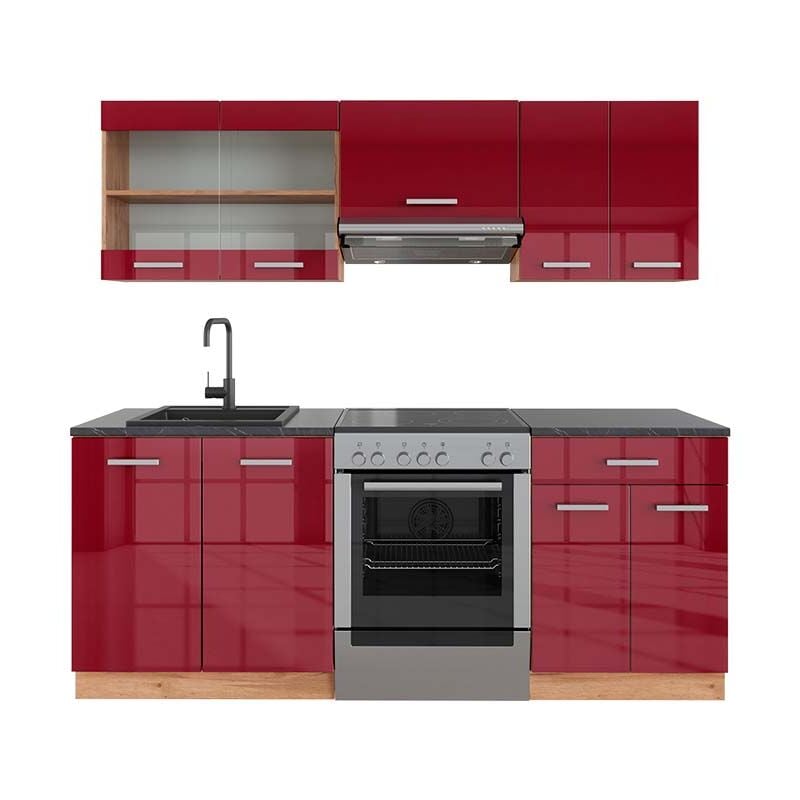 foto del prodotto vicco cucina componibile r line, bordeaux lucido rovere dorato, 200 cm , pl antracite
