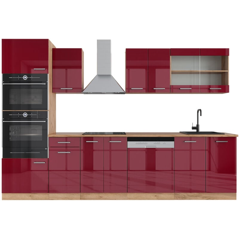 foto del prodotto vicco cucina componibile r line, bordeaux lucido rovere dorato, 300 cm con armadio alto, senza piano di lavoro