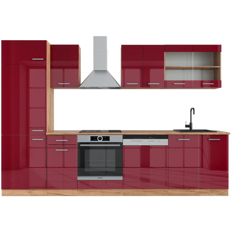 foto del prodotto vicco cucina componibile r line, bordeaux lucido rovere dorato, 300 cm senza piano di lavoro