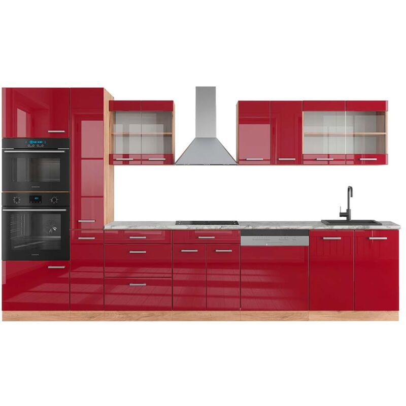 foto del prodotto vicco cucina componibile r line, bordeaux lucido rovere dorato, 350 cm con armadio alto, pl marmo