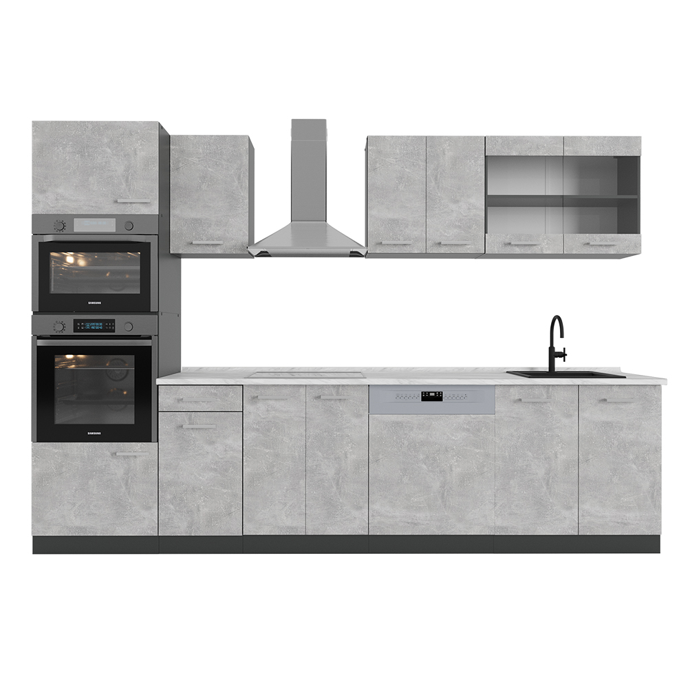 foto del prodotto vicco cucina componibile r line, calcestruzzo antracite, 300 cm con armadio alto, pl marmo
