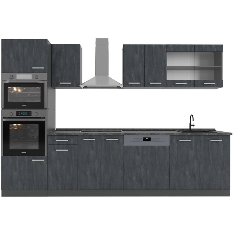 foto del prodotto vicco cucina componibile r line, calcestruzzo nero antracite, 300 cm senza piano di lavoro