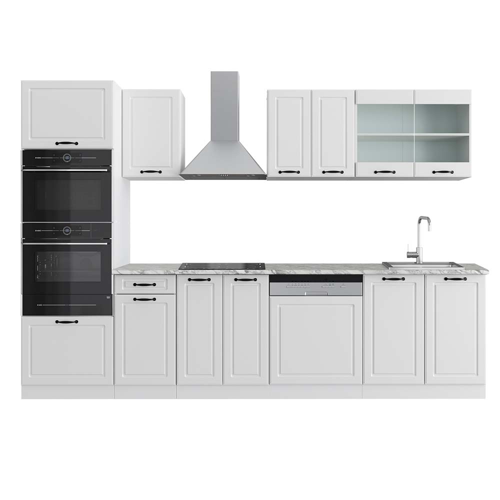 foto del prodotto vicco cucina componibile r line, casa di campagna bianca bianco, 300 cm con armadio alto, pl marmo