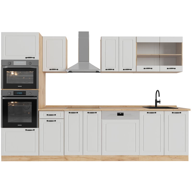 foto del prodotto vicco cucina componibile r line, casa di campagna bianca quercia dorata, 300 cm con armadio alto, senza piano di lavoro