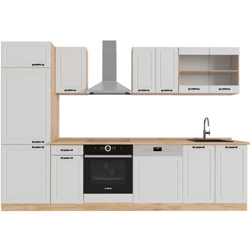 foto del prodotto vicco cucina componibile r line, casa di campagna bianca quercia dorata, 300 cm senza piano di lavoro