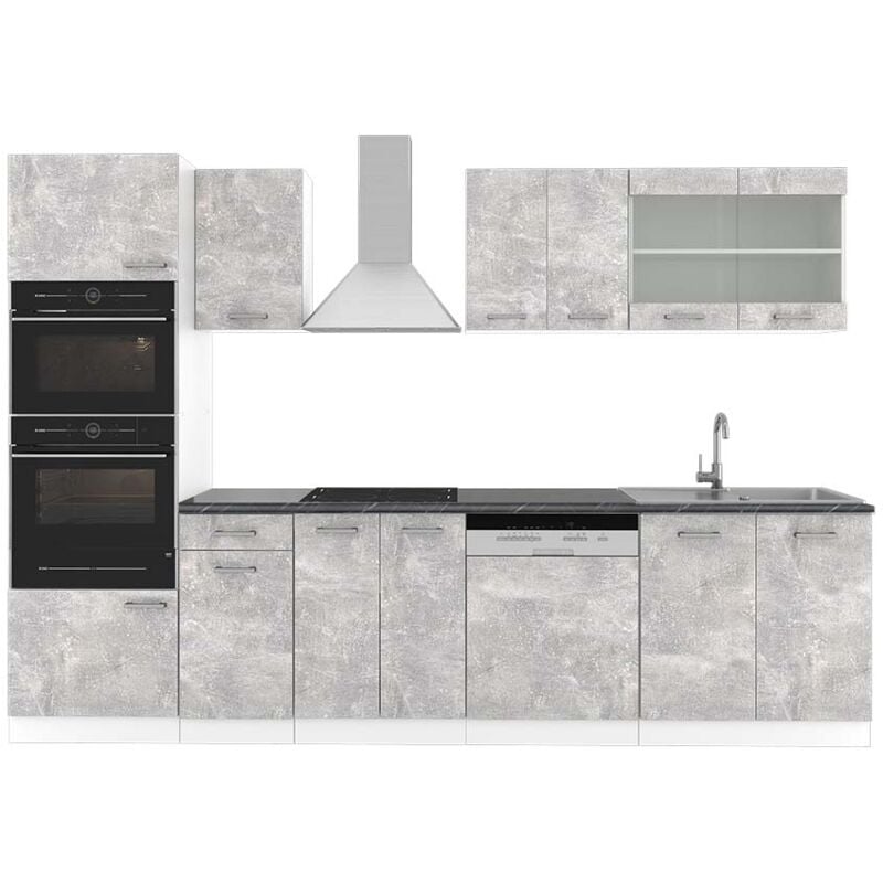 foto del prodotto vicco cucina componibile r line, cemento bianco, 300 cm con armadio alto, pl antracite