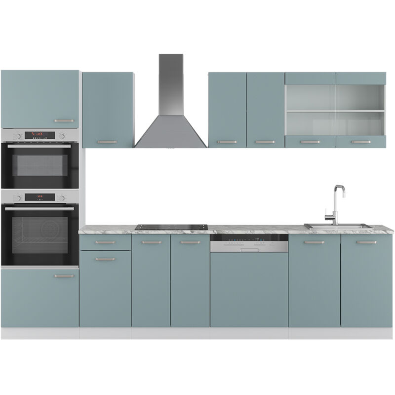 foto del prodotto vicco cucina componibile r line, grigio blu, 300 cm con armadio alto, senza piano di lavoro