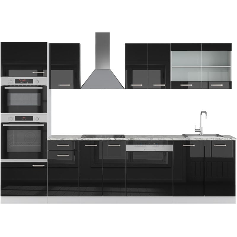 foto del prodotto vicco cucina componibile r line, nero lucido, 300 cm con armadio alto, pl marmo