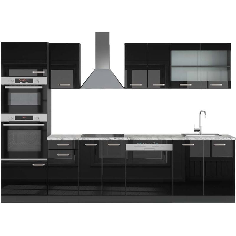 foto del prodotto vicco cucina componibile r line, nero lucido antracite, 300 cm con armadio alto, pl marmo