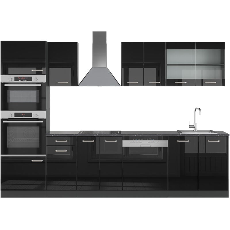 foto del prodotto vicco cucina componibile r line, nero lucido antracite, 300 cm con armadio alto, senza piano di lavoro