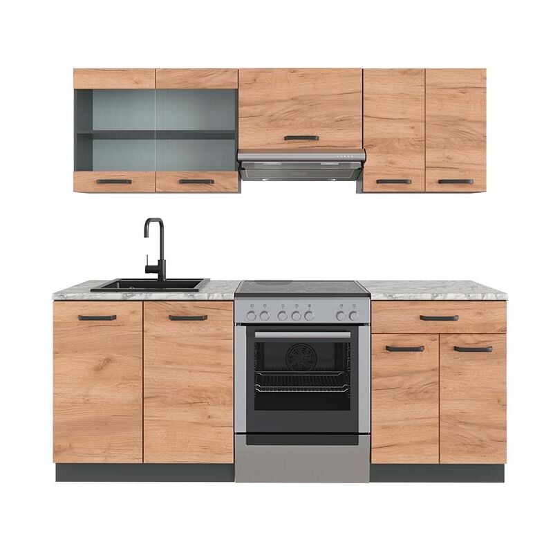 foto del prodotto vicco cucina componibile r line, quercia dorata antracite, 200 cm , pl marmo