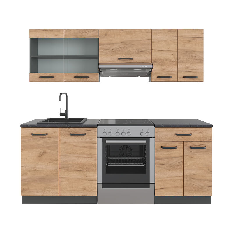 foto del prodotto vicco cucina componibile r line, quercia dorata antracite, 200 cm senza piano di lavoro